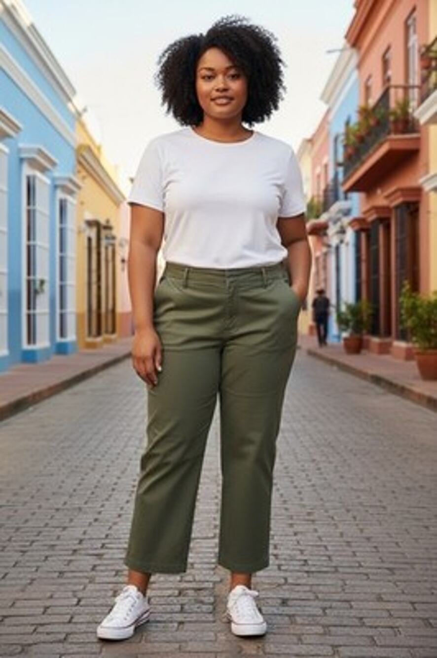 A New Day Cropped Trousers Olive Green Pants Straight Leg Stretch Office Size 14